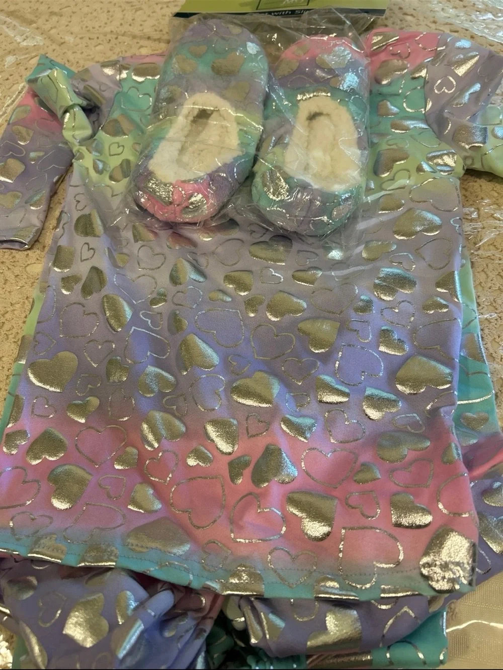 Girls Rainbow Pastel Heart Pajama Set with Silver Hearts